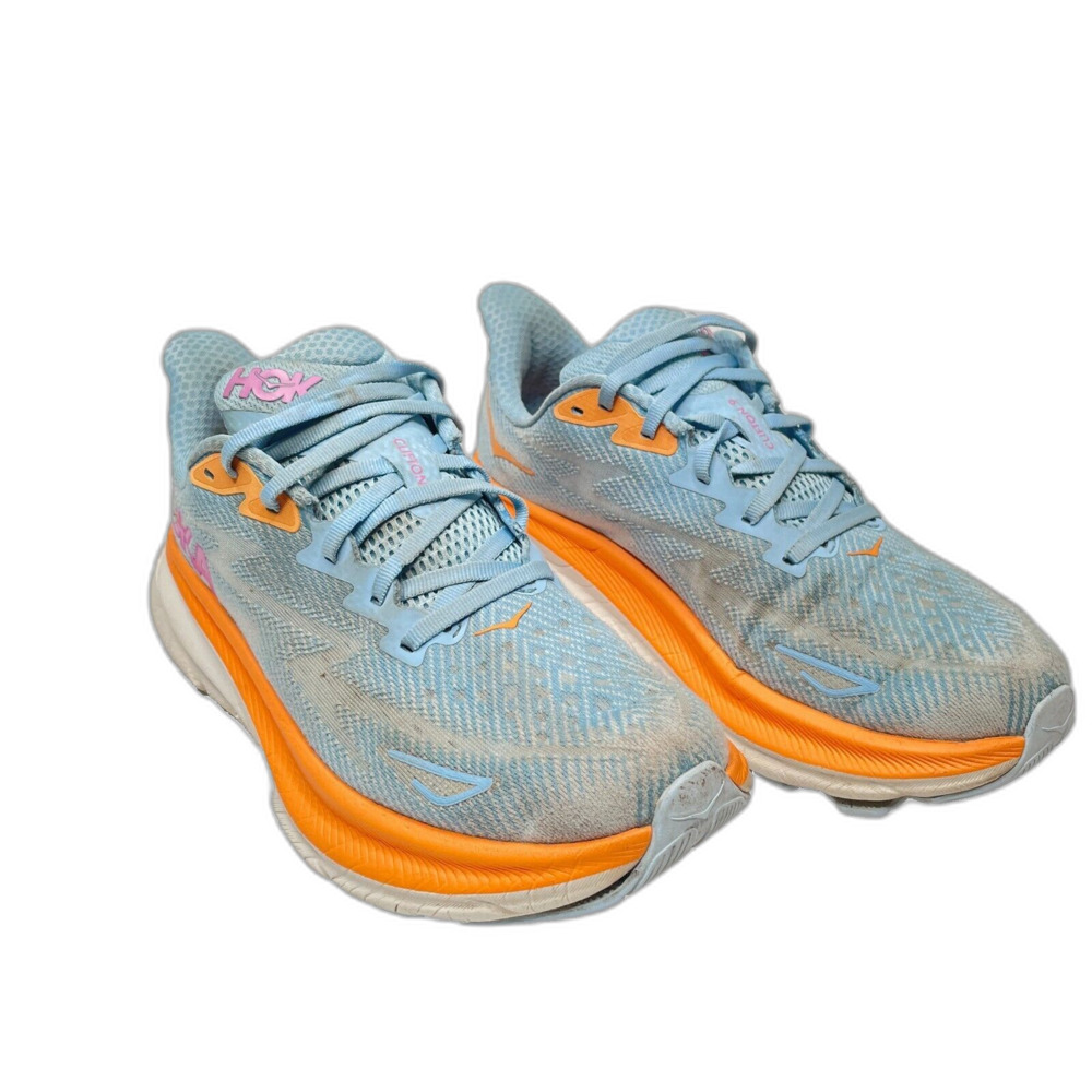 HOKA ONE ONE Clifton 9 Blue Orange White Athletic/Running Shoes Womens Size 9 B